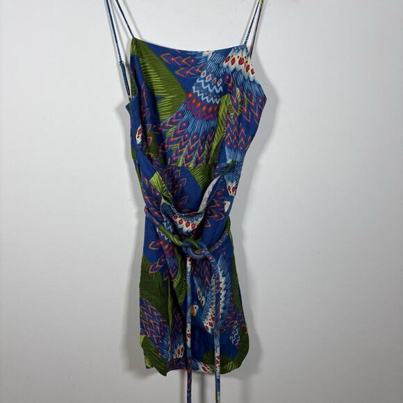 FARM RIO Mini Wrap Dress Small Blue Macaw Print 100% Linen NWT Colorful Tropical - Picture 8 of 8